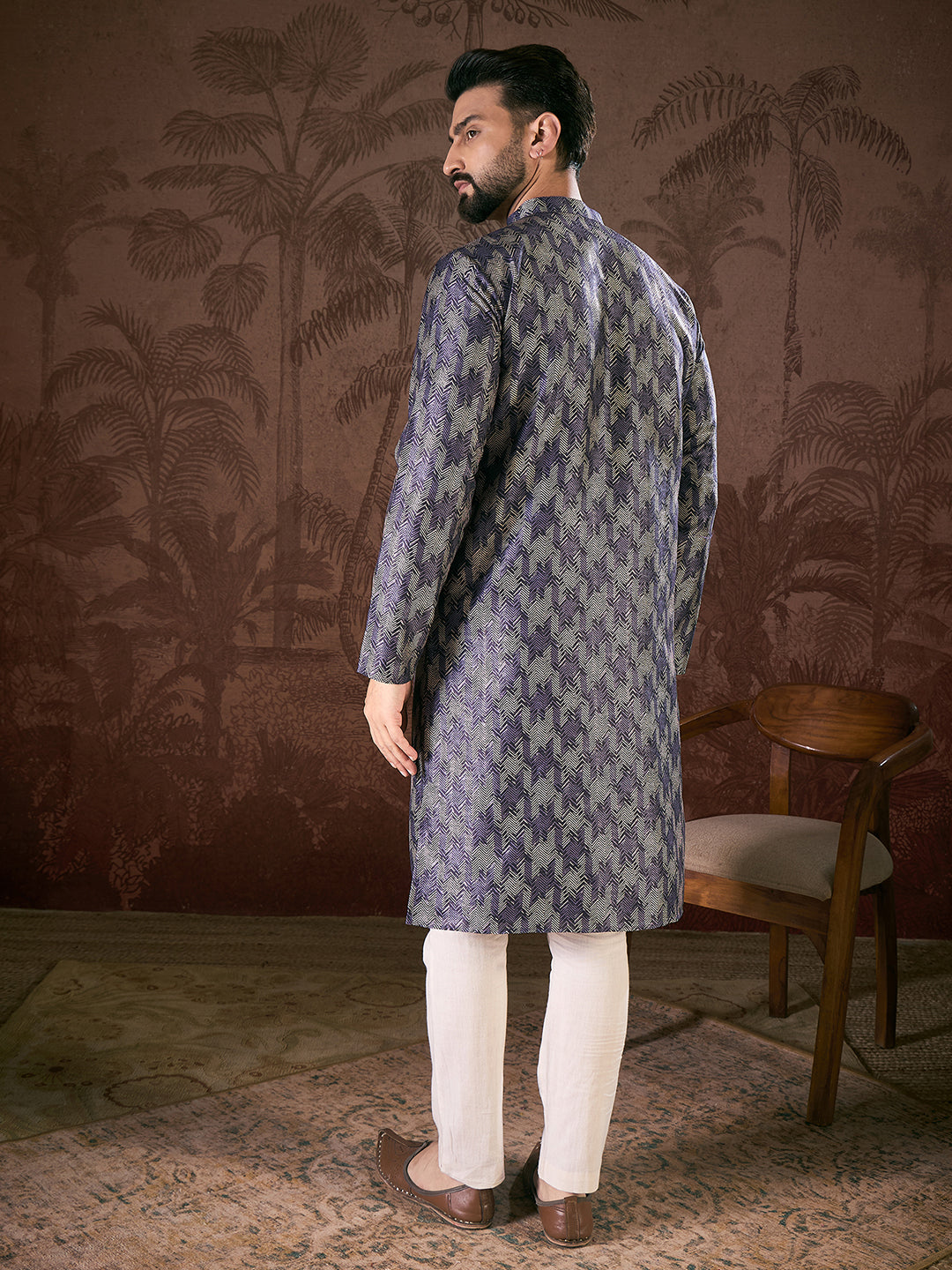 Ethnic Bay Men Violet Silk Blend Chevron Printed Straight Kurta With Trouser
