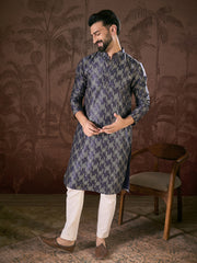 Ethnic Bay Men Violet Silk Blend Chevron Printed Straight Kurta With Trouser-MKSET1917