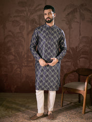 Ethnic Bay Men Violet Silk Blend Chevron Printed Straight Kurta With Trouser-MKSET1917