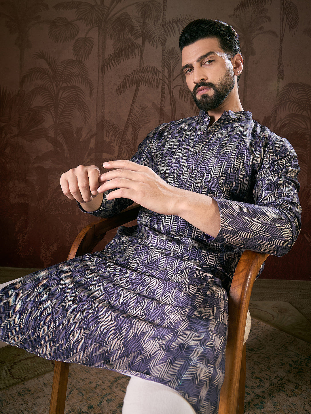 Ethnic Bay Men Violet Silk Blend Chevron Printed Straight Kurta With Trouser