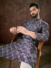 Ethnic Bay Men Violet Silk Blend Chevron Printed Straight Kurta With Trouser-MKSET1917