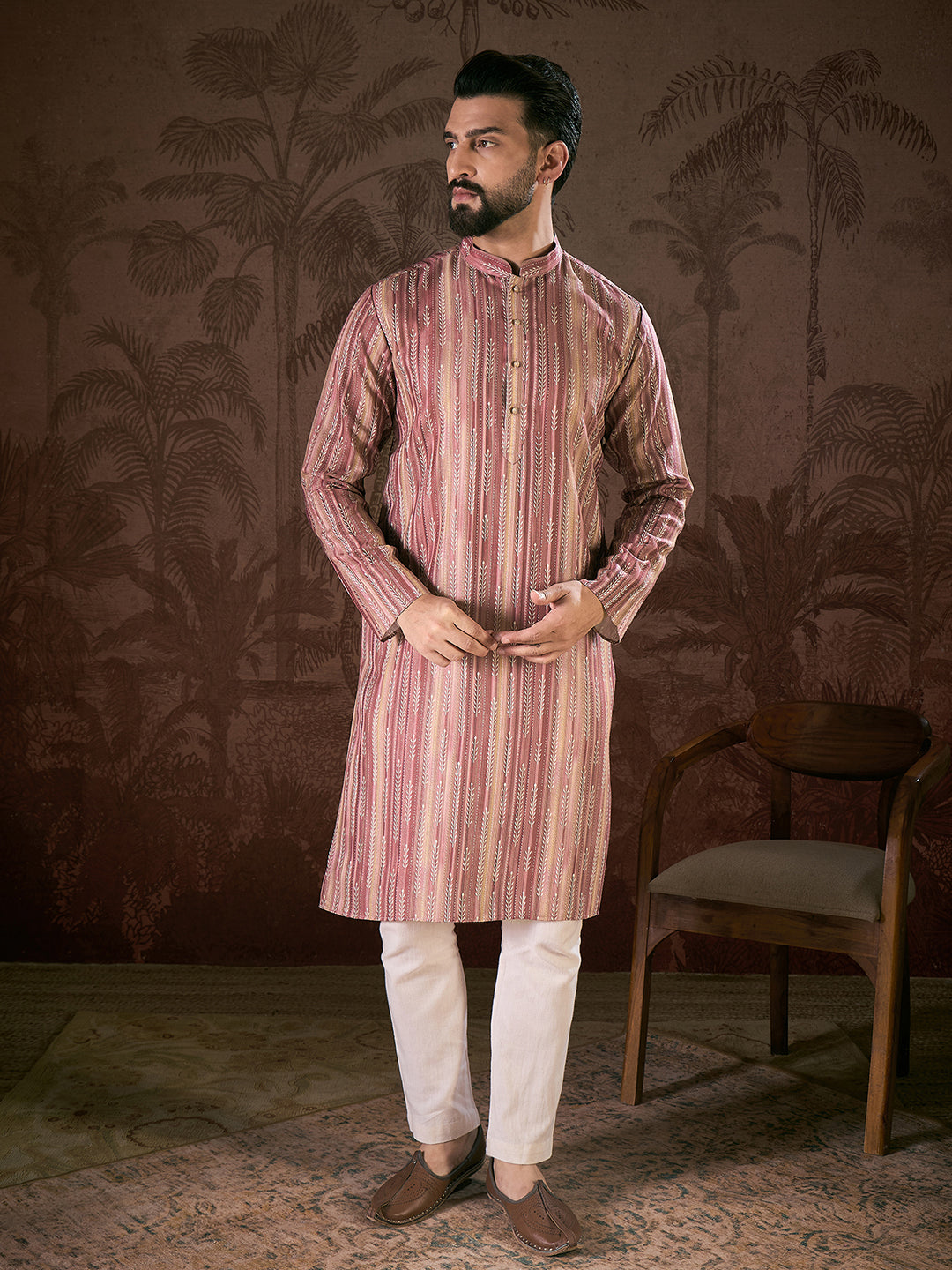 Ethnic Bay Men Mauve Silk Blend Floral Printed Straight Kurta With Trouser