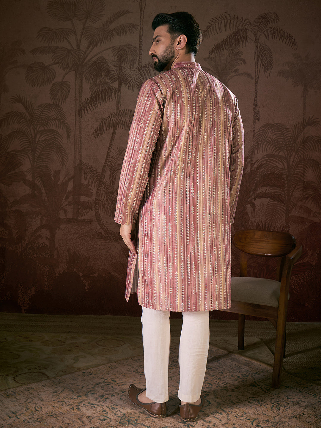 Ethnic Bay Men Mauve Silk Blend Floral Printed Straight Kurta With Trouser