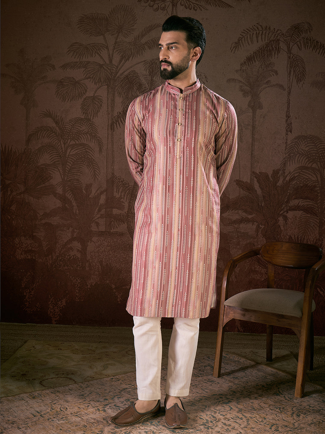 Ethnic Bay Men Mauve Silk Blend Floral Printed Straight Kurta With Trouser