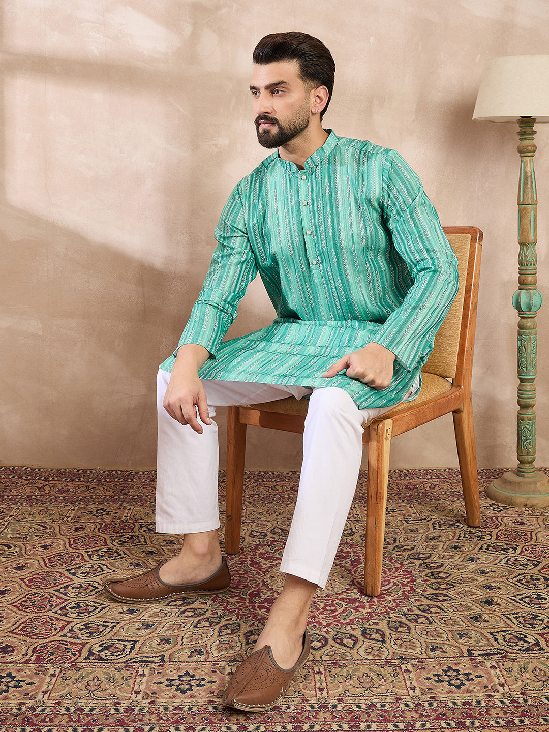 Ethnic Bay Men Green Silk Blend Floral Printed Straight Kurta With Trouser