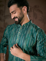 Ethnic Bay Men Turquoise Blue Silk Blend Floral Printed Straight Kurta With Trouser-MKSET1921
