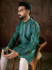 Ethnic Bay Men Turquoise Blue Silk Blend Floral Printed Straight Kurta With Trouser-MKSET1921