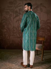 Ethnic Bay Men Turquoise Blue Silk Blend Floral Printed Straight Kurta With Trouser-MKSET1921