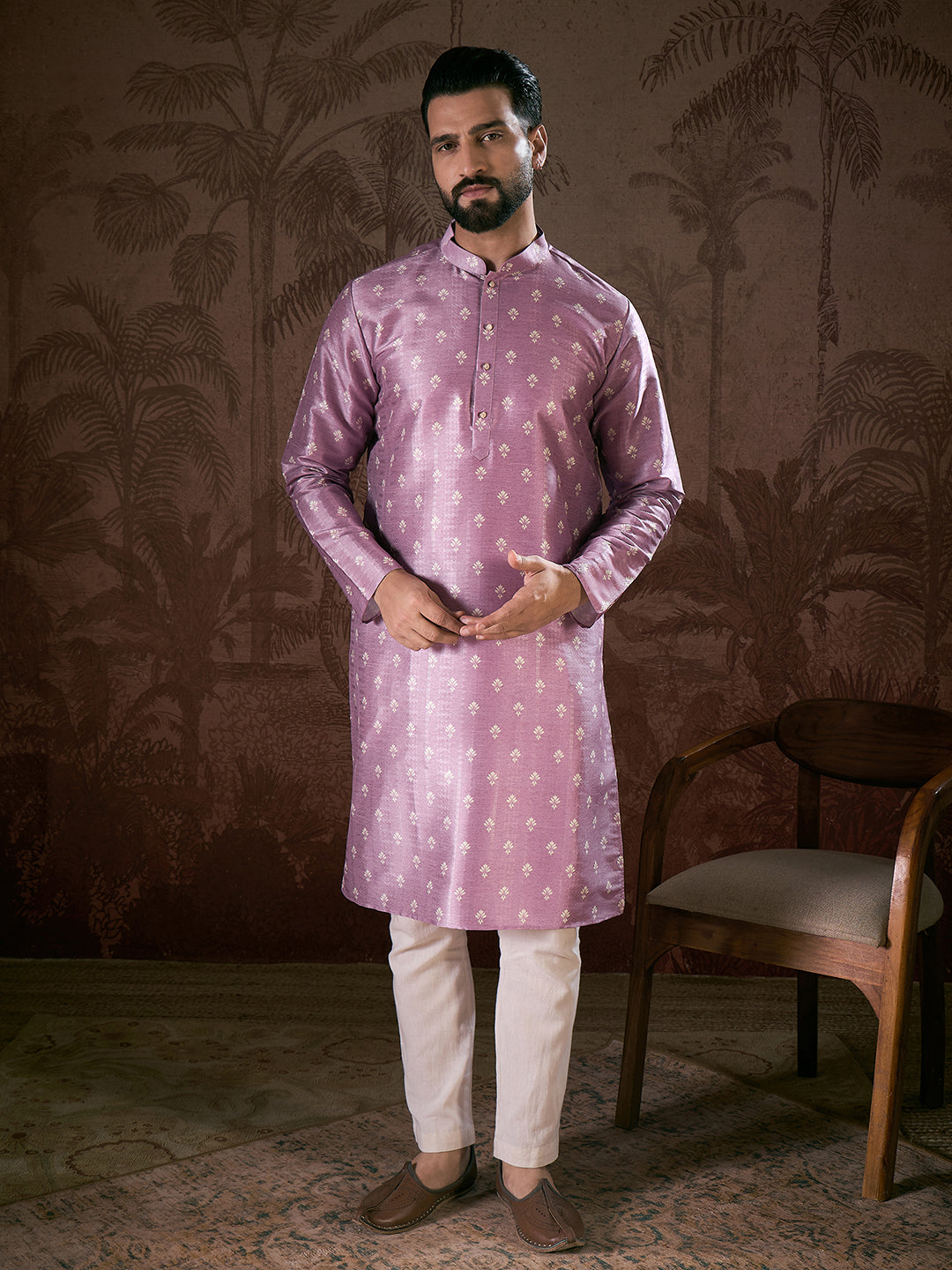 Ethnic Bay Men Lavender Silk Blend Floral Printed Straight Kurta With Trouser