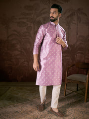 Ethnic Bay Men Lavender Silk Blend Floral Printed Straight Kurta With Trouser-MKSET1922