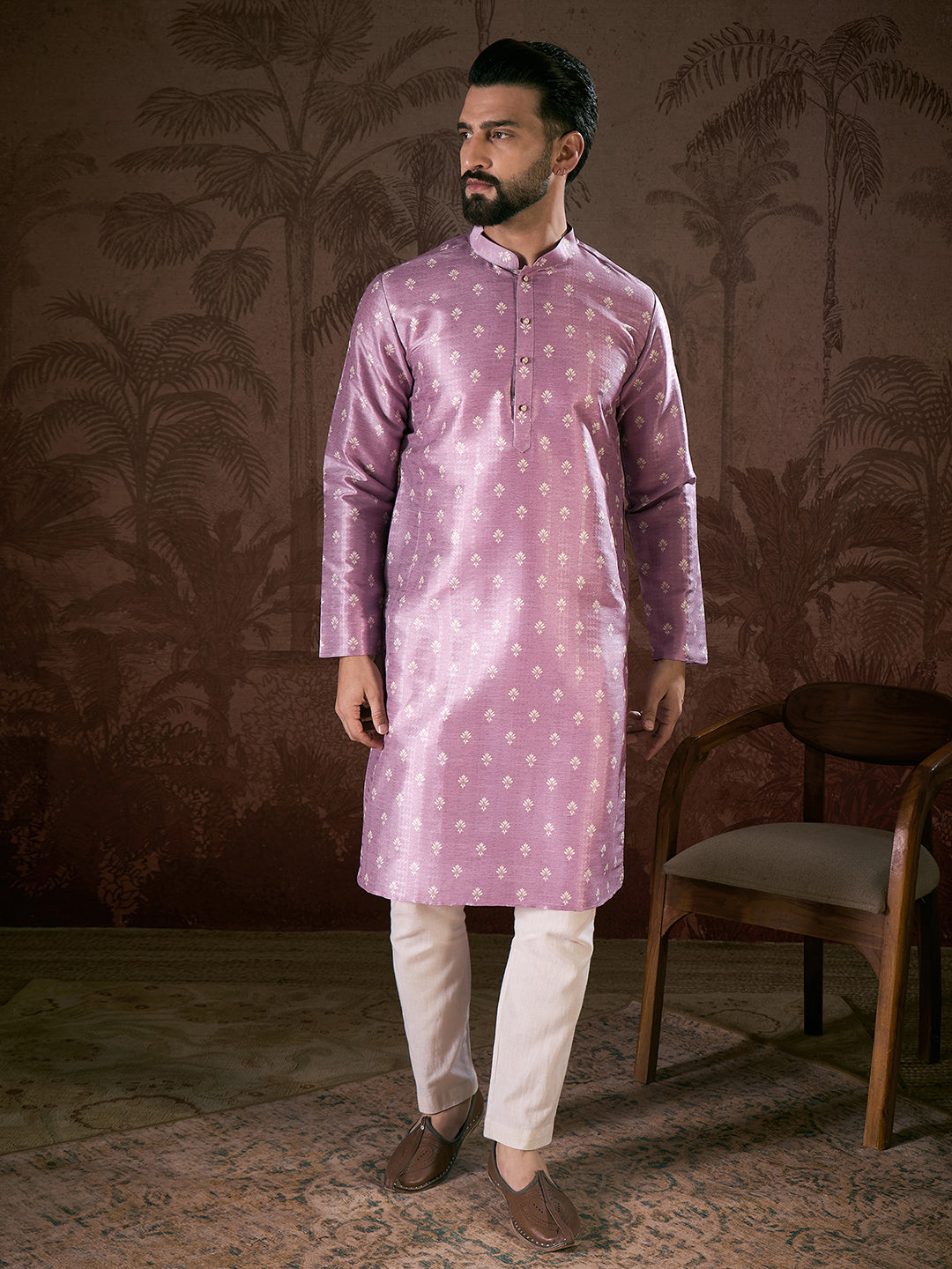Ethnic Bay Men Lavender Silk Blend Floral Printed Straight Kurta With Trouser
