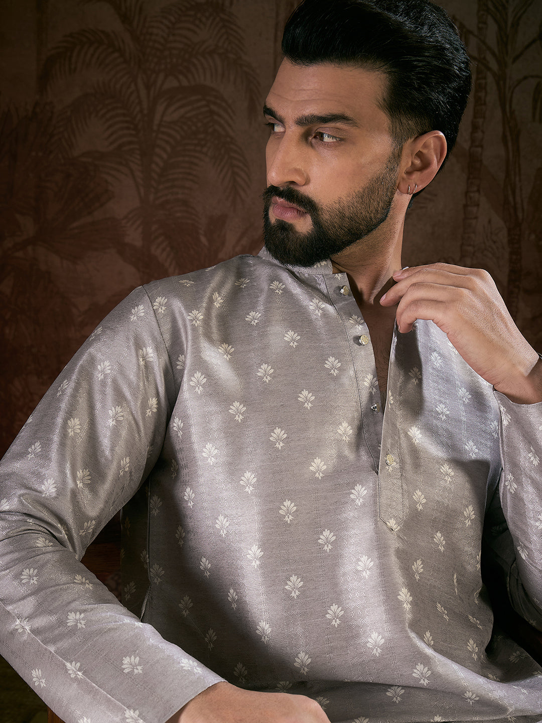 Ethnic Bay Men Grey Silk Blend Floral Printed Straight Kurta With Trouser