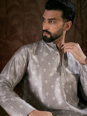 Ethnic Bay Men Grey Silk Blend Floral Printed Straight Kurta With Trouser-MKSET1923