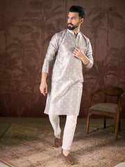 Ethnic Bay Men Grey Silk Blend Floral Printed Straight Kurta With Trouser-MKSET1923