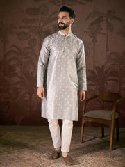 Ethnic Bay Men Grey Silk Blend Floral Printed Straight Kurta With Trouser-MKSET1923