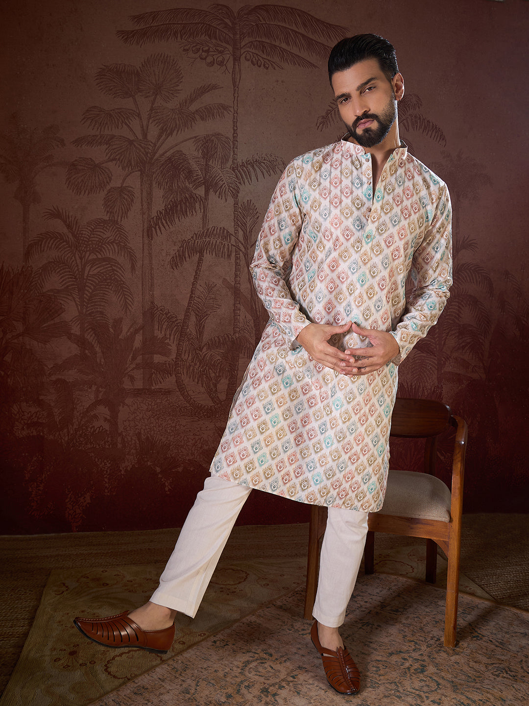 Ethnic Bay Men White Silk Blend Ethnic Motifs Printed Straight Kurta With Trouser