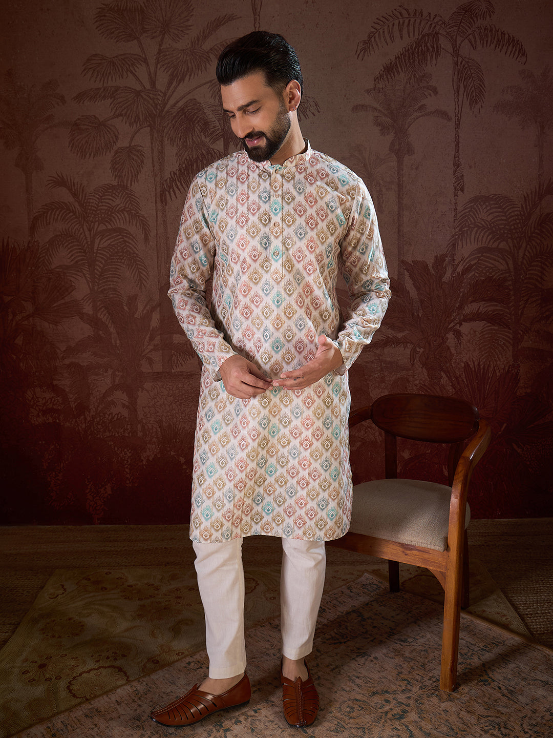 Ethnic Bay Men White Silk Blend Ethnic Motifs Printed Straight Kurta With Trouser