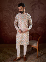 Ethnic Bay Men White Silk Blend Ethnic Motifs Printed Straight Kurta With Trouser-MKSET1924