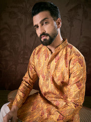 Ethnic Bay Men Mustard Silk Blend Ethnic Motifs Printed Straight Kurta With Trouser-MKSET1925