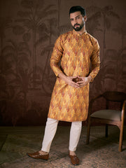 Ethnic Bay Men Mustard Silk Blend Ethnic Motifs Printed Straight Kurta With Trouser-MKSET1925