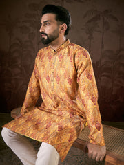 Ethnic Bay Men Mustard Silk Blend Ethnic Motifs Printed Straight Kurta With Trouser-MKSET1925