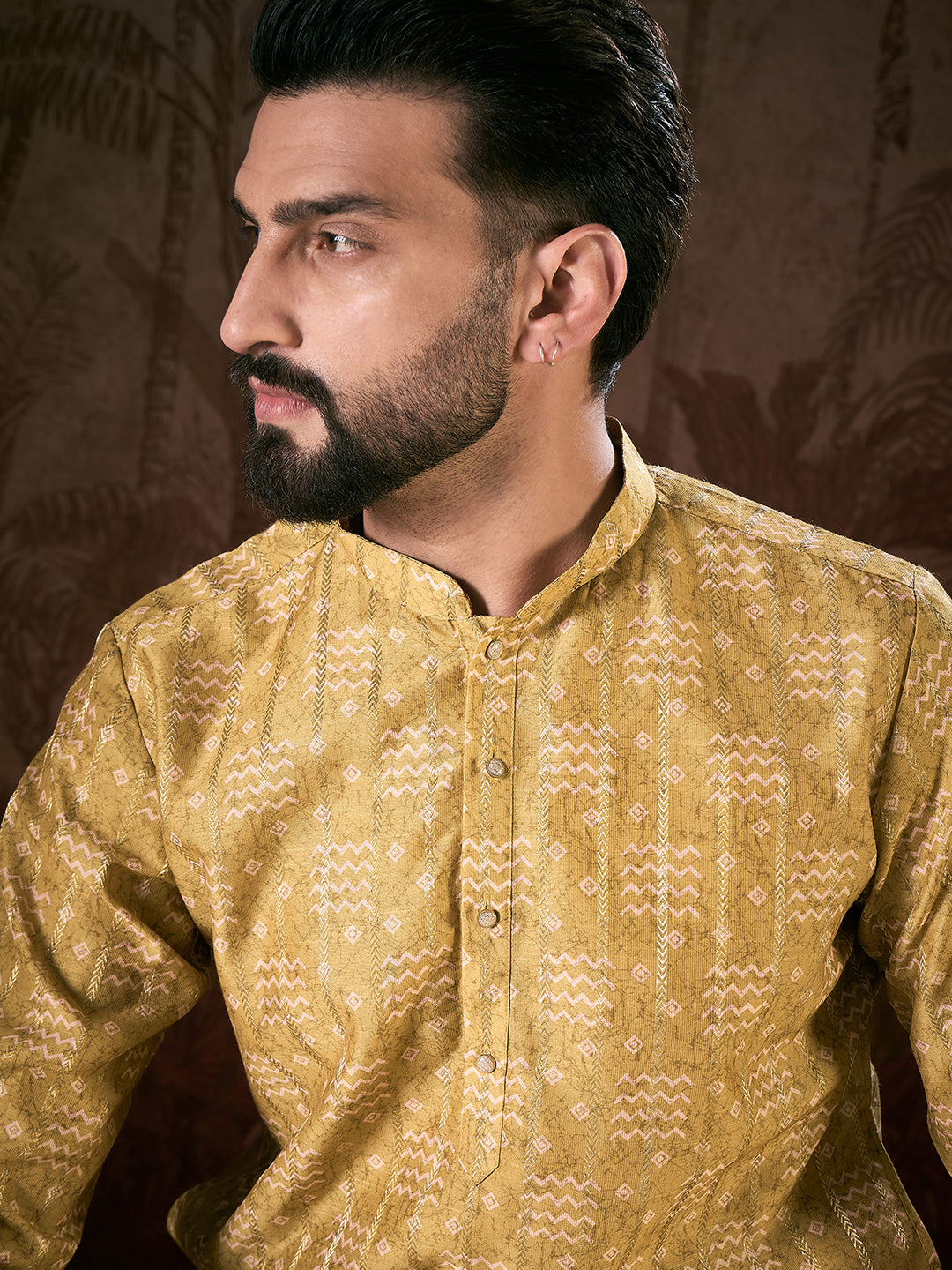 Ethnic Bay Men Mustard Silk Blend Ethnic Motifs Printed Straight Kurta With Trouser
