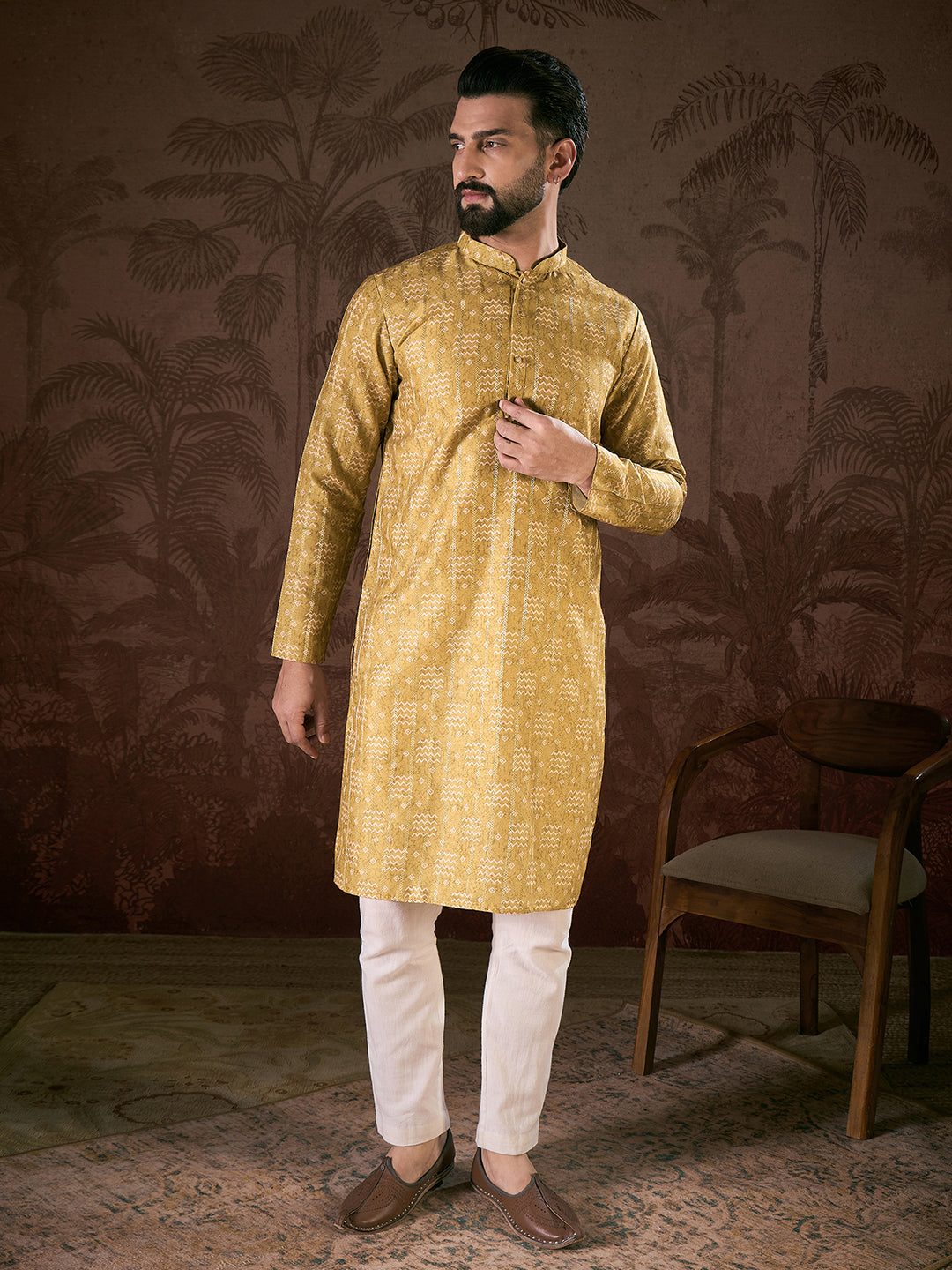 Ethnic Bay Men Mustard Silk Blend Ethnic Motifs Printed Straight Kurta With Trouser