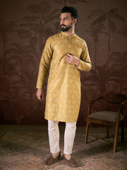 Ethnic Bay Men Mustard Silk Blend Ethnic Motifs Printed Straight Kurta With Trouser-MKSET1926