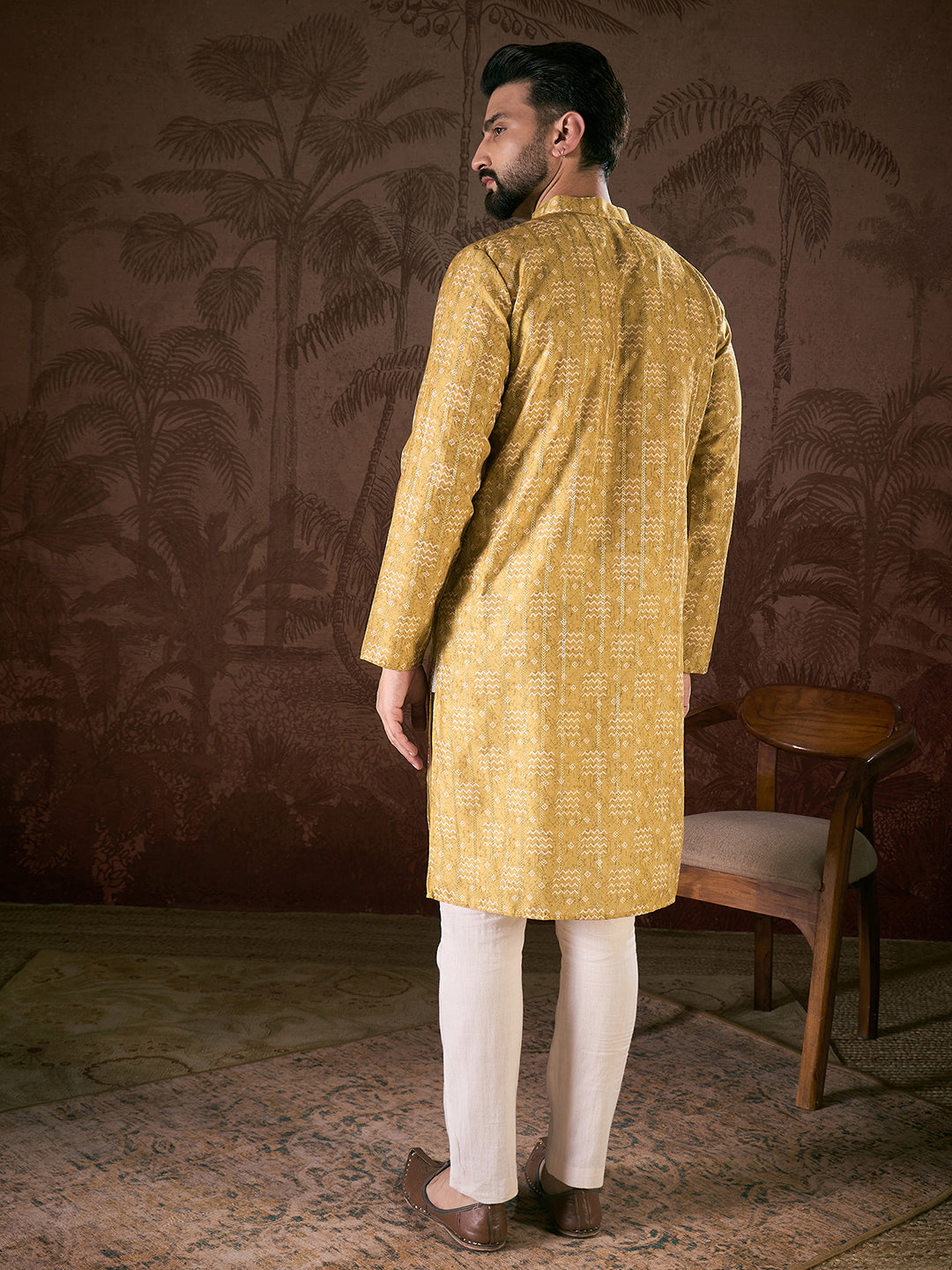 Ethnic Bay Men Mustard Silk Blend Ethnic Motifs Printed Straight Kurta With Trouser
