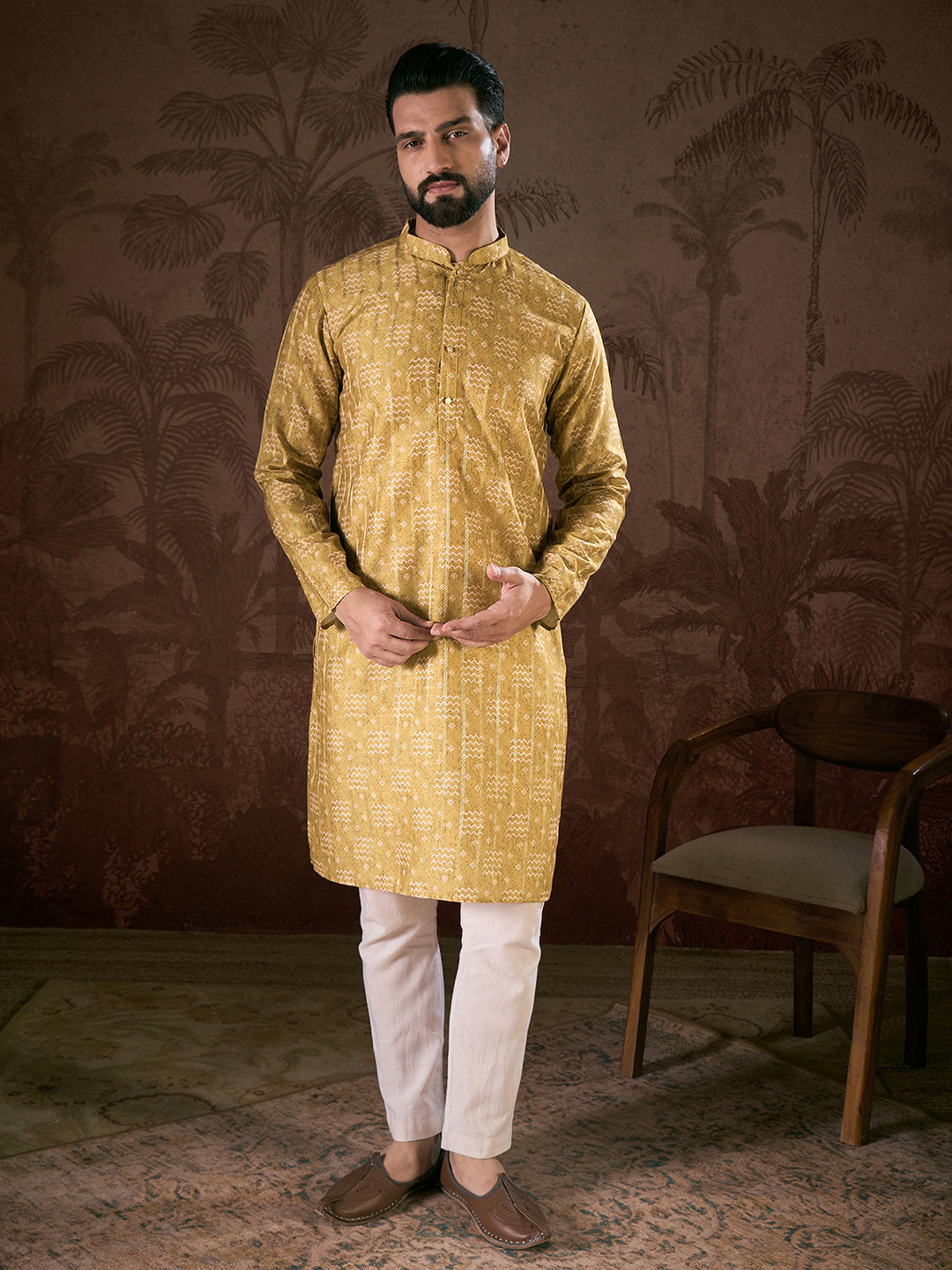 Ethnic Bay Men Mustard Silk Blend Ethnic Motifs Printed Straight Kurta With Trouser