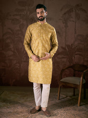Ethnic Bay Men Mustard Silk Blend Ethnic Motifs Printed Straight Kurta With Trouser-MKSET1926