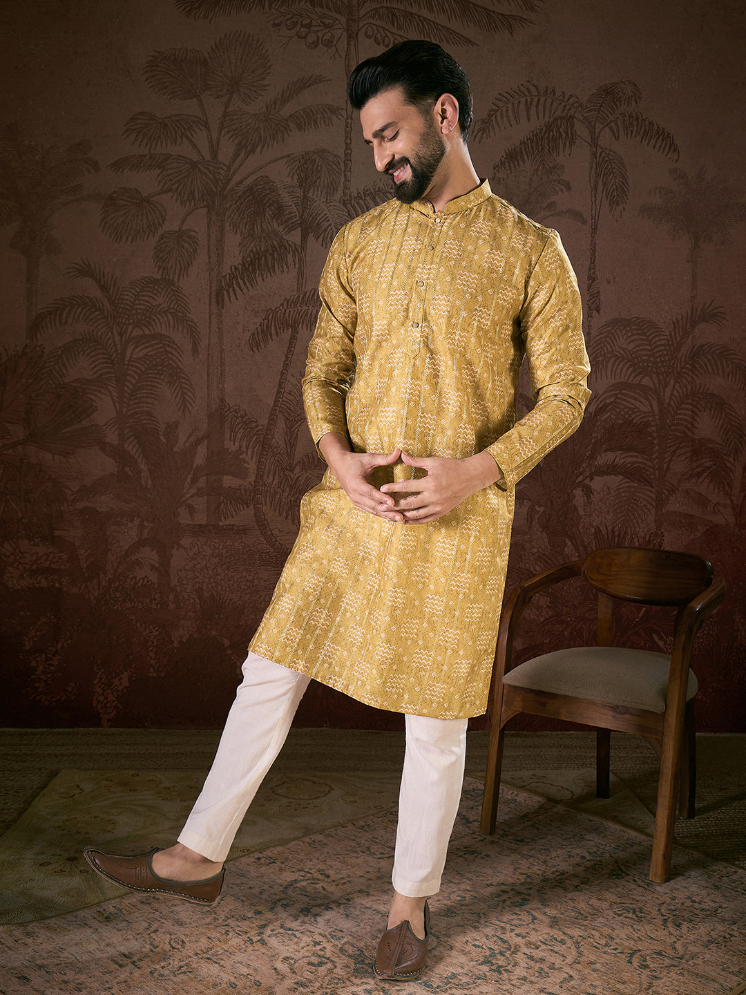 Ethnic Bay Men Mustard Silk Blend Ethnic Motifs Printed Straight Kurta With Trouser