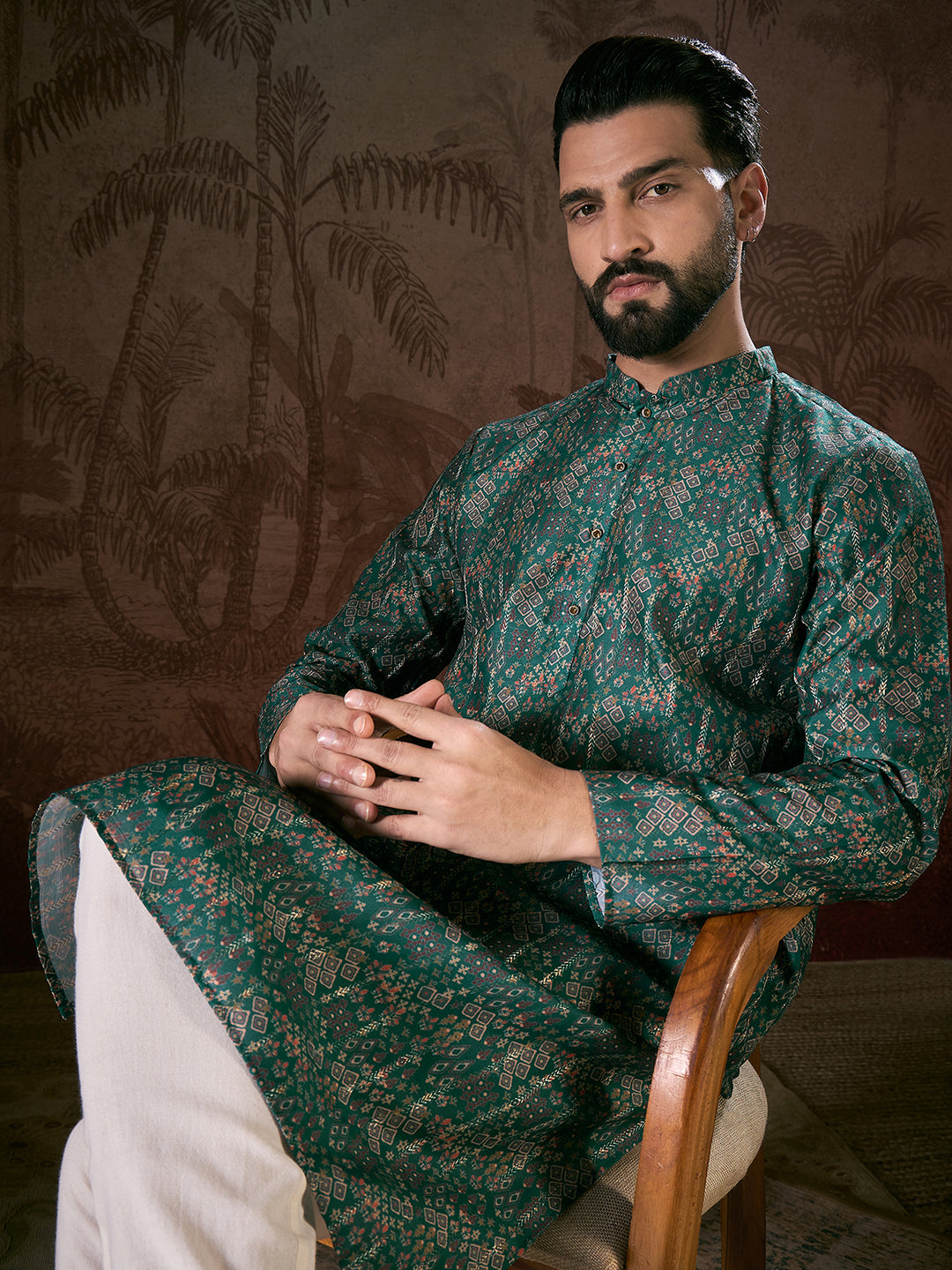 Ethnic Bay Men Sea Green Silk Blend Ethnic Motifs Printed Straight Kurta With Trouser