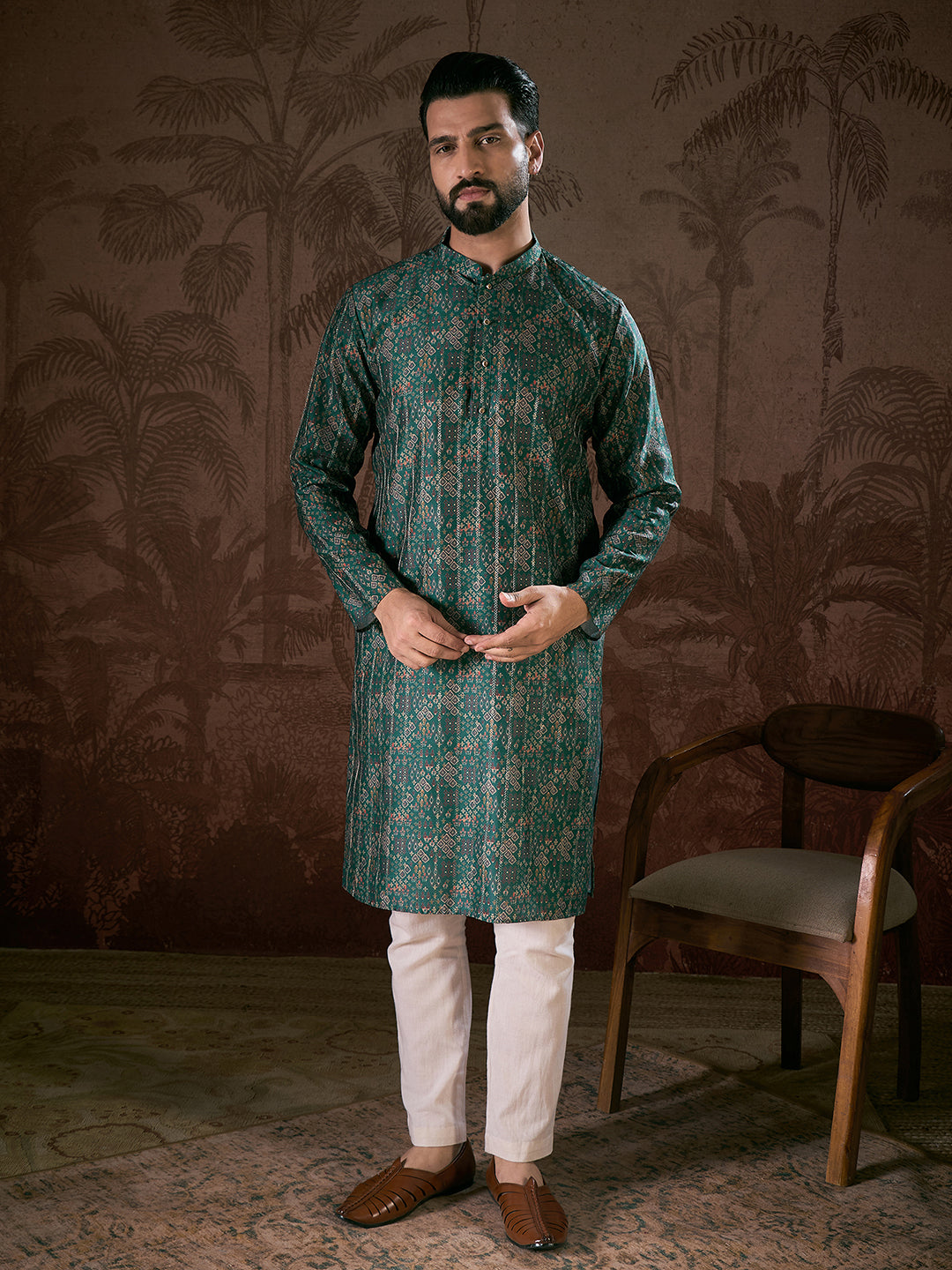 Ethnic Bay Men Sea Green Silk Blend Ethnic Motifs Printed Straight Kurta With Trouser