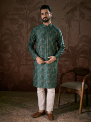 Ethnic Bay Men Sea Green Silk Blend Ethnic Motifs Printed Straight Kurta With Trouser-MKSET1927