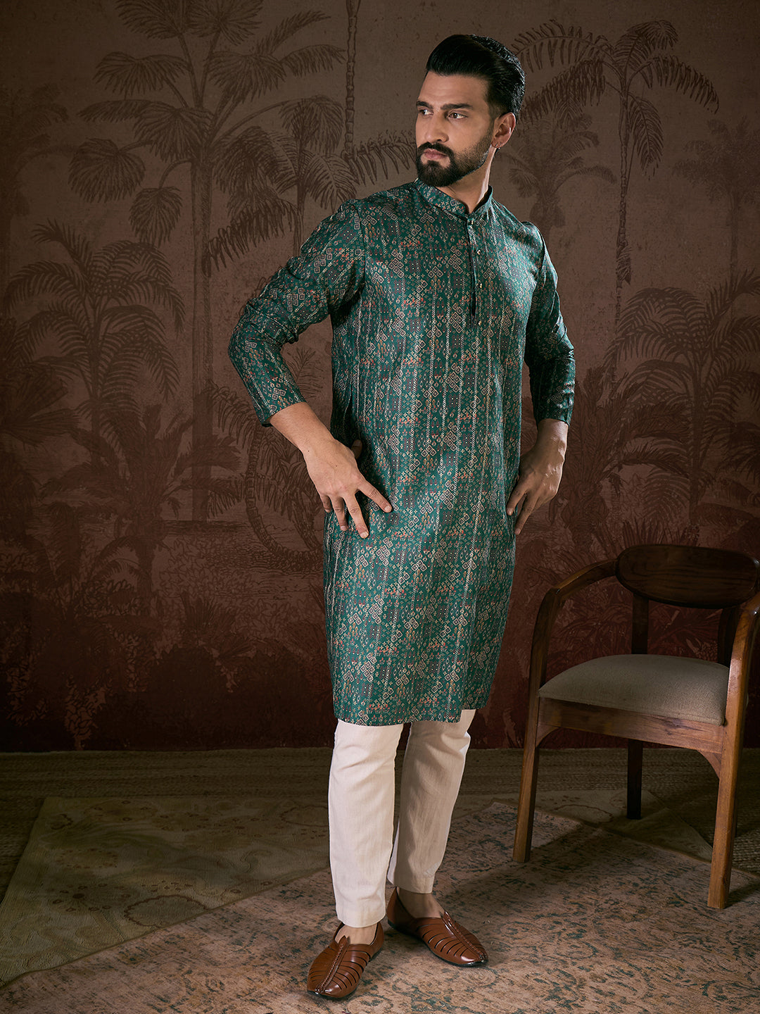 Ethnic Bay Men Sea Green Silk Blend Ethnic Motifs Printed Straight Kurta With Trouser