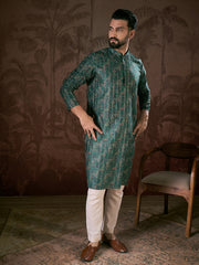 Ethnic Bay Men Sea Green Silk Blend Ethnic Motifs Printed Straight Kurta With Trouser-MKSET1927