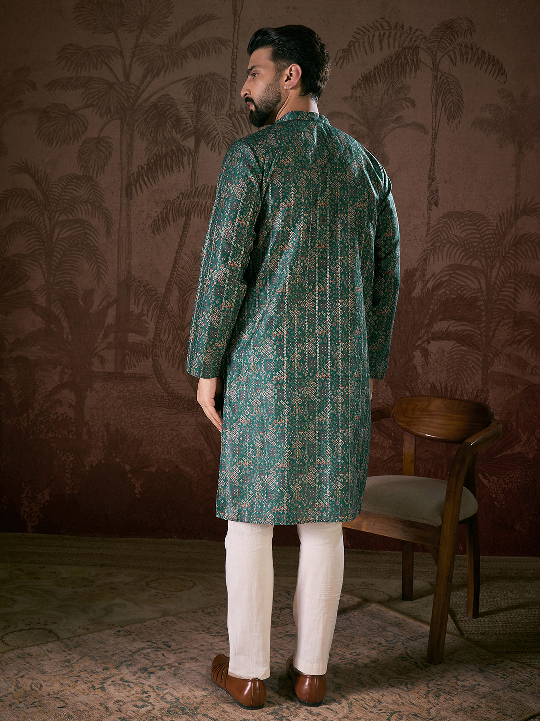 Ethnic Bay Men Sea Green Silk Blend Ethnic Motifs Printed Straight Kurta With Trouser