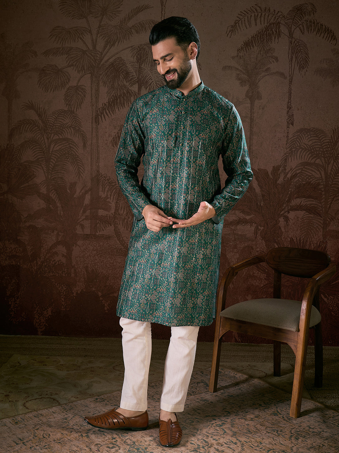 Ethnic Bay Men Sea Green Silk Blend Ethnic Motifs Printed Straight Kurta With Trouser