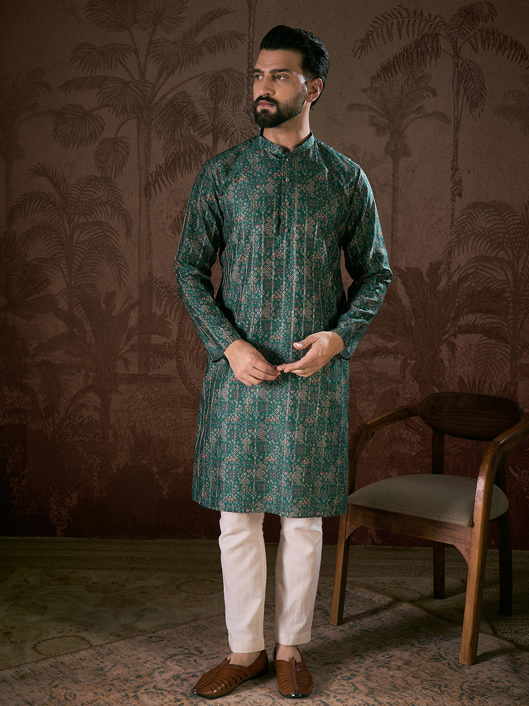 Ethnic Bay Men Sea Green Silk Blend Ethnic Motifs Printed Straight Kurta With Trouser