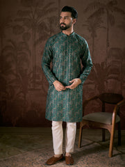 Ethnic Bay Men Sea Green Silk Blend Ethnic Motifs Printed Straight Kurta With Trouser-MKSET1927