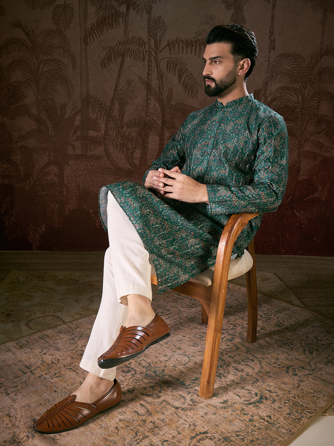 Ethnic Bay Men Sea Green Silk Blend Ethnic Motifs Printed Straight Kurta With Trouser