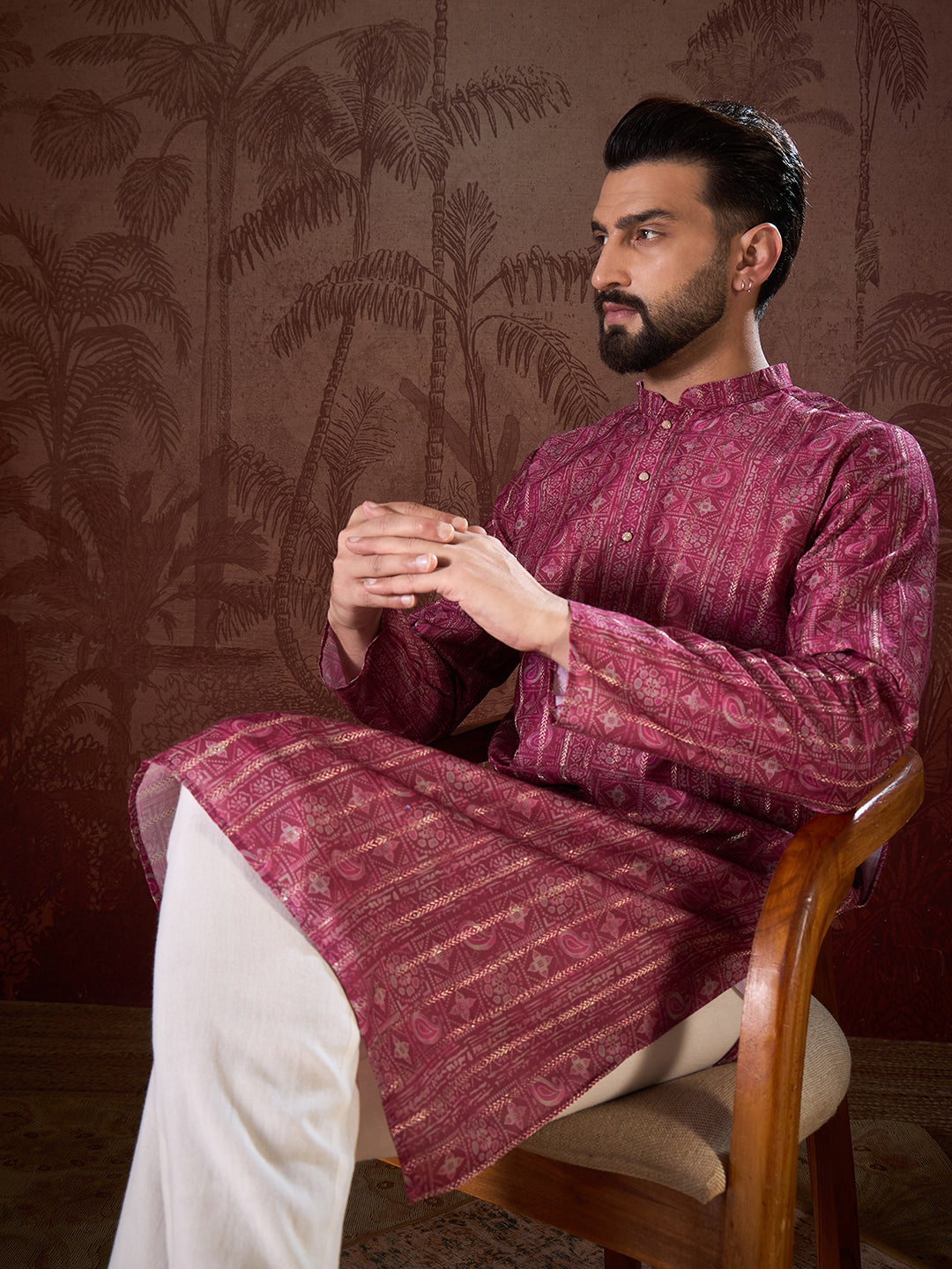 Ethnic Bay Men Maroon Silk Blend Ethnic Motifs Printed Straight Kurta With Trouser