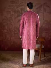 Ethnic Bay Men Maroon Silk Blend Ethnic Motifs Printed Straight Kurta With Trouser-MKSET1928