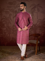 Ethnic Bay Men Maroon Silk Blend Ethnic Motifs Printed Straight Kurta With Trouser-MKSET1928