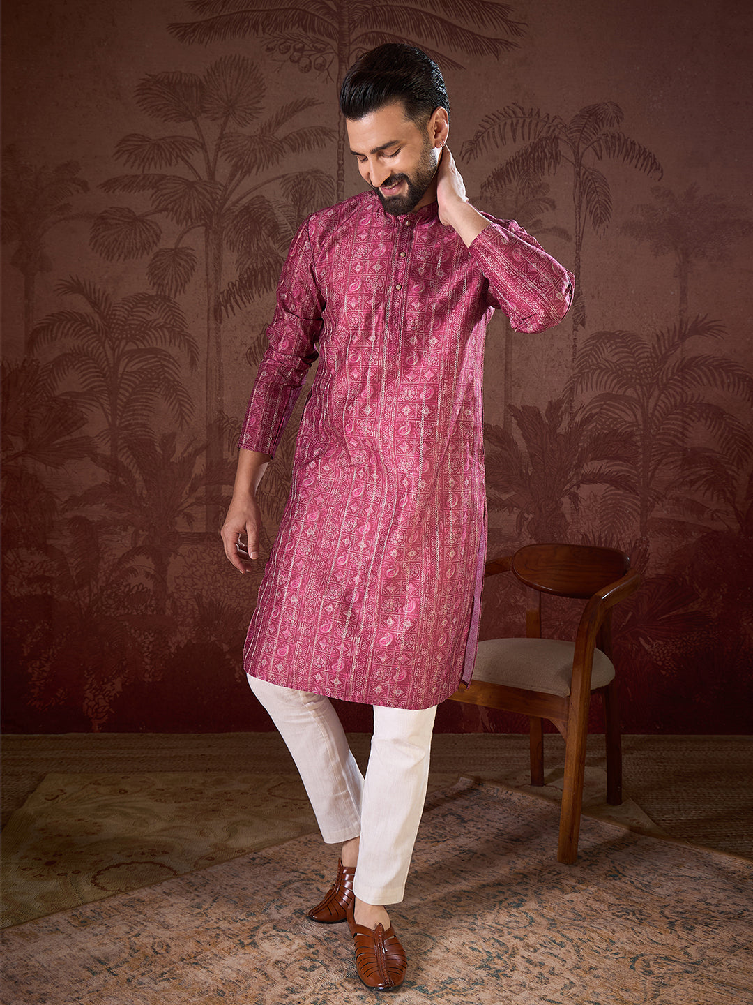 Ethnic Bay Men Maroon Silk Blend Ethnic Motifs Printed Straight Kurta With Trouser