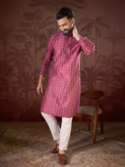 Ethnic Bay Men Maroon Silk Blend Ethnic Motifs Printed Straight Kurta With Trouser-MKSET1928