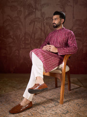 Ethnic Bay Men Maroon Silk Blend Ethnic Motifs Printed Straight Kurta With Trouser-MKSET1928