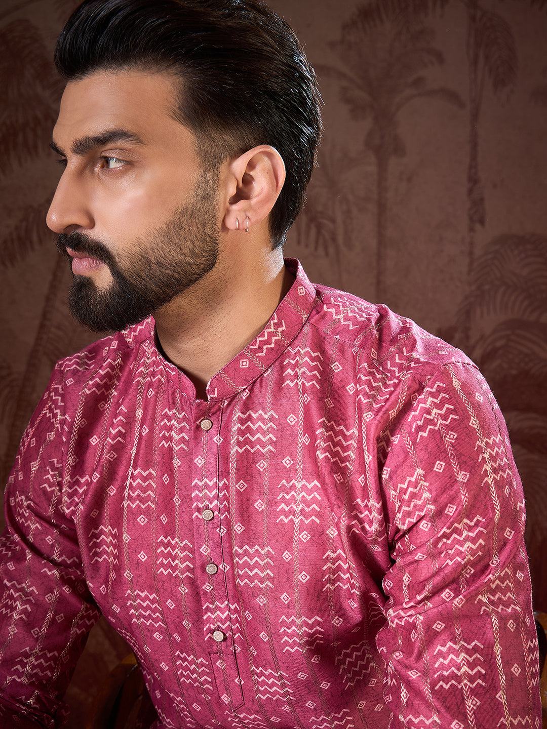 Ethnic Bay Men Pink Silk Blend Ethnic Motifs Printed Straight Kurta With Trouser