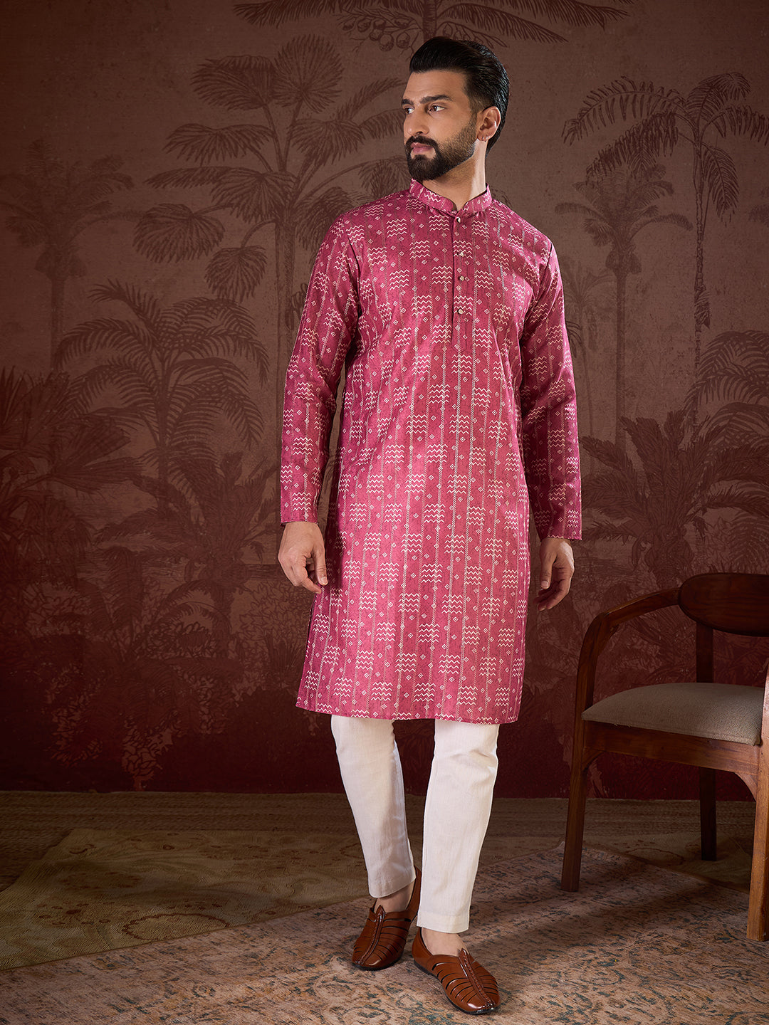 Ethnic Bay Men Pink Silk Blend Ethnic Motifs Printed Straight Kurta With Trouser